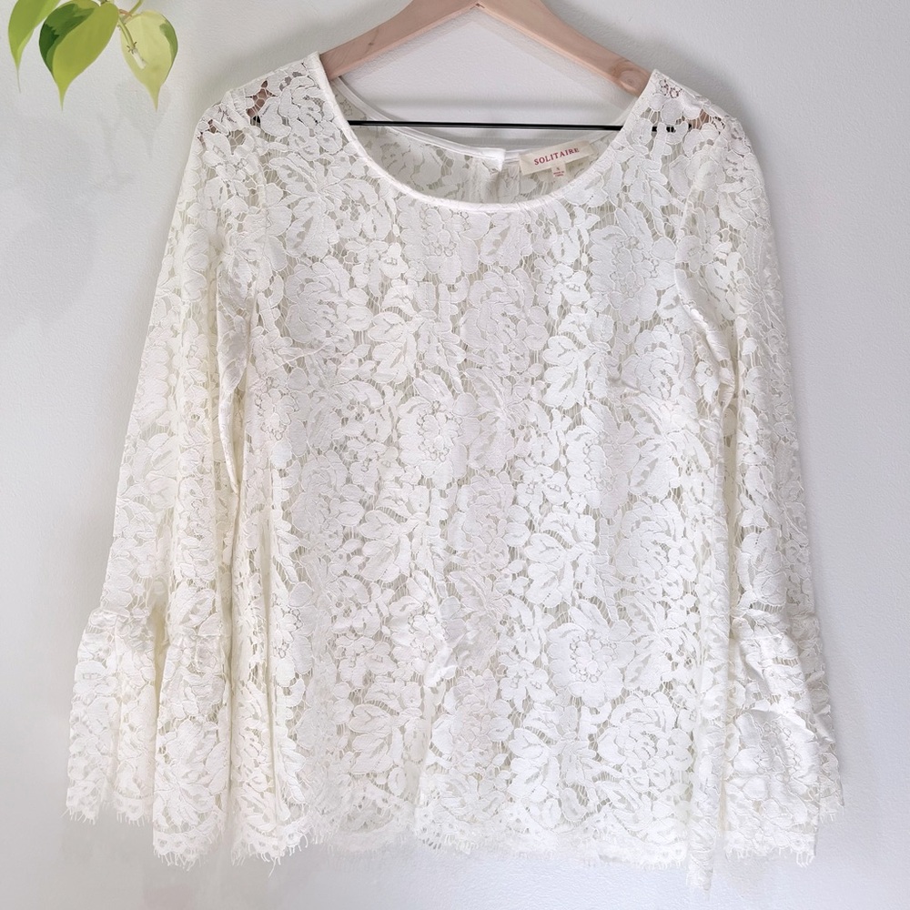Solitaire Lace Button Back Blouse Long Sleeve Bell Cuff Romantic Boho Top Size S